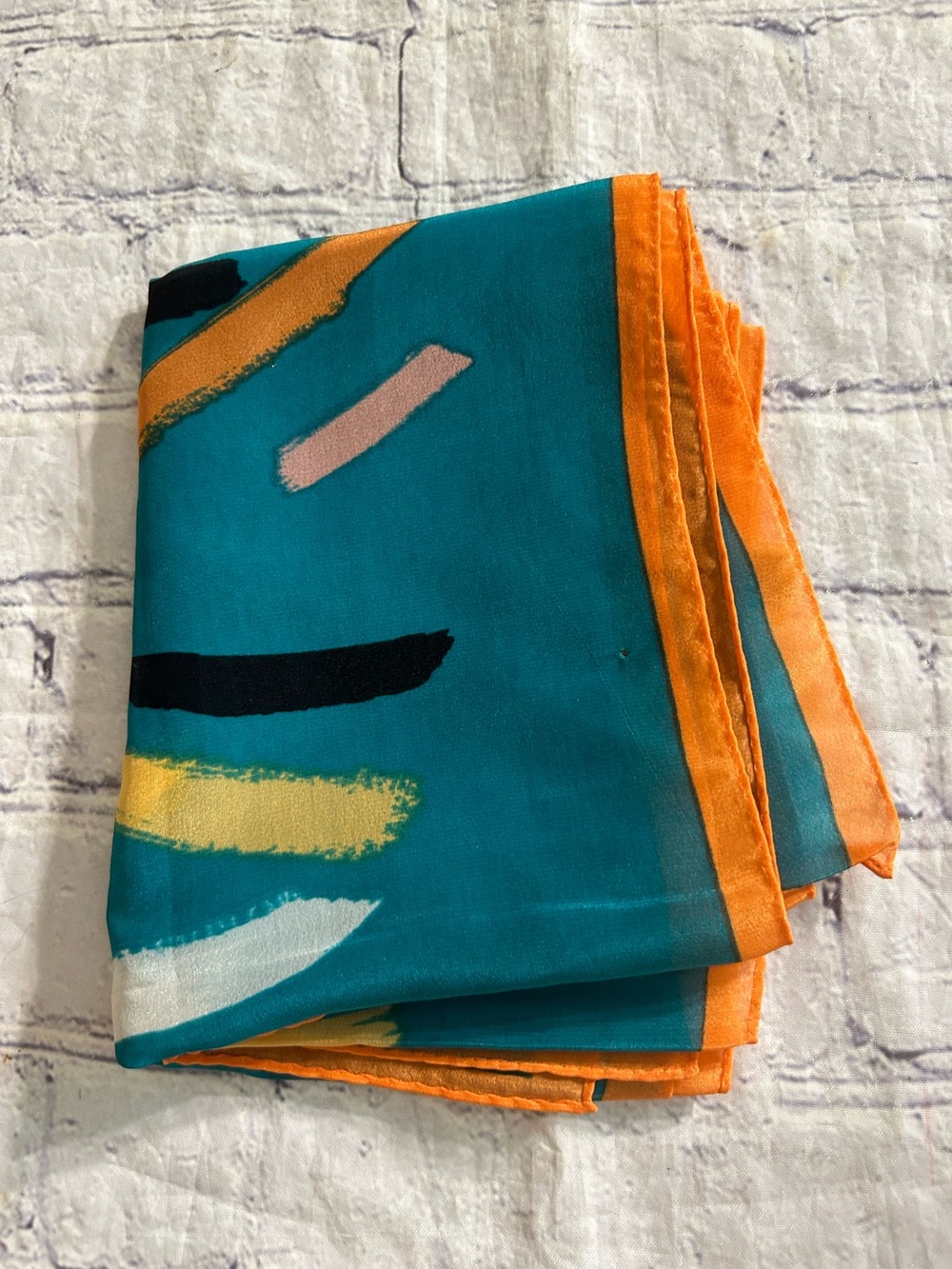 KATJA FOR X11X KARAT SCARF TURQUOISE & ORANGE ABSTRACT DESIGN SILK & VINAL JAPAN